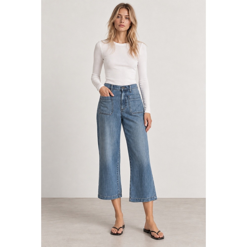 KUT from the Kloth Sandra Crop Straight Leg Jean 00 Blue Patch Pocket Coastal